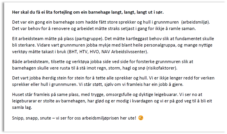 Tekst om arbeidsmiljøarbeid i Skogsvåg barnehage - Klikk for stort bilete