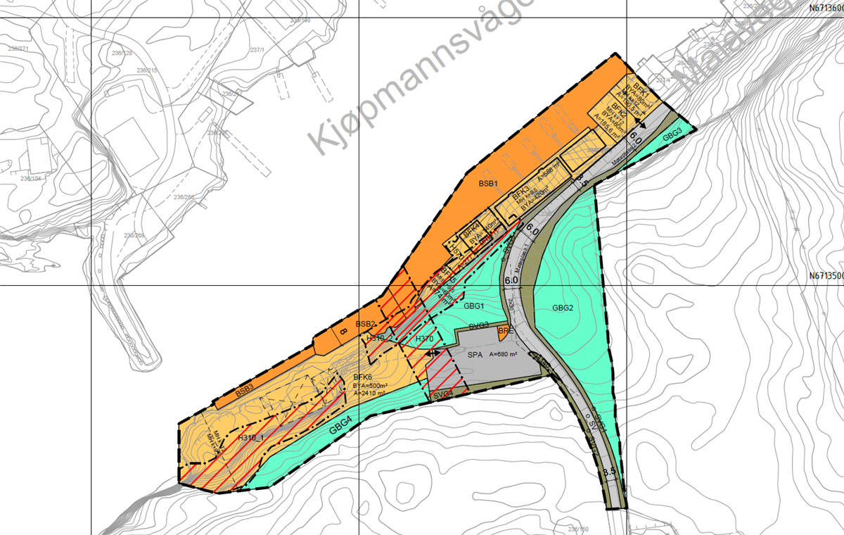 Plankart detaljregulering for Vågsnova til offentleg ettersyn. - Klikk for stort bilete
