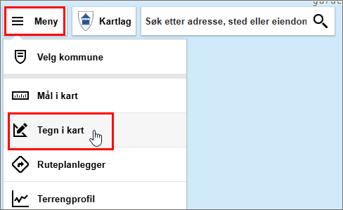 Velge "Tegn i kart" i KommuneKart - Klikk for stort bilete