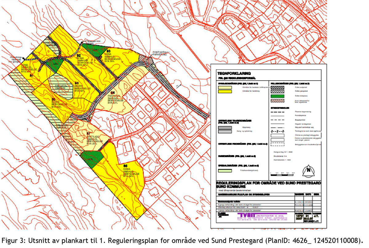 Figur 3: Utsnitt av plankart til 1. Reguleringsplan for område ved Sund Prestegard (PlanID: 4626_124520110008 - Klikk for stort bilete