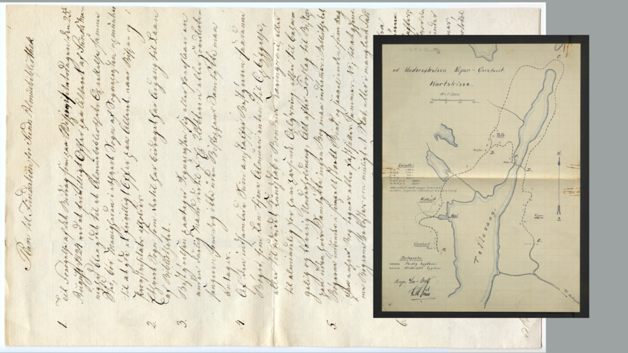 Frå arkivet: eit dokument om biblioteket i Sund frå 1828 og eit kart som viser vegbygging i Telavåg på 1920-talet - Klikk for stort bilete