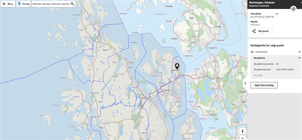 Bilde av kart for å følge steg to til fem i å finne skulekrins. - Klikk for stort bilete