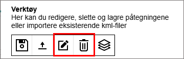 Verktøy-knappar for slette og redigere innteikningar i KommuneKart - Klikk for stort bilete