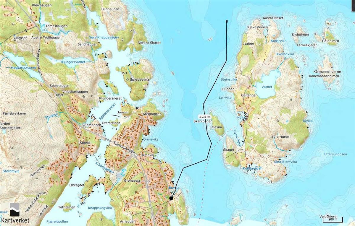Kart: Sjøkabel til Kelvesteinen oppdrettsanlegg - Klikk for stort bilete